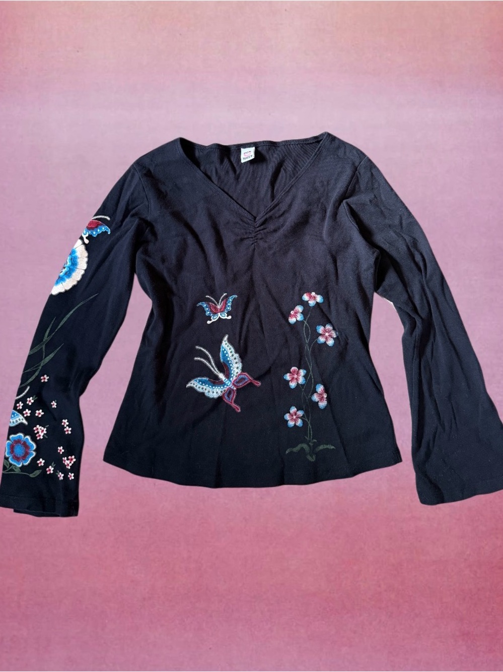 Black Embroidered V-Neck Women's Top with Floral & Butterfly Motifs